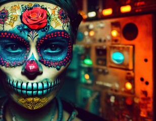 Cyberpunk Calavera - a cyberpunk twist on the traditional Mexican Calavera sugar skull. 3D render, computer generated