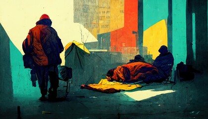 Poverty and homelessness digital illustration, computer-generated to show wealth inequality and the reality of being poor. - obrazy, fototapety, plakaty