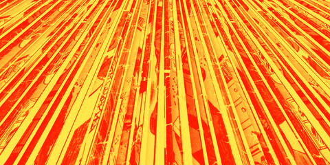 Old comic books stacked in a pile creates colorful abstract background texture with red and yellow...
