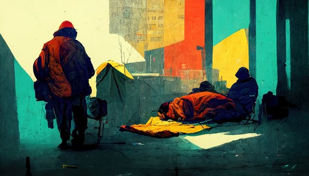 Poverty and homelessness digital illustration, computer-generated to show wealth inequality and the reality of being poor.