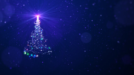 Christmas tree and lights with copy space on blue background, copy space for text.