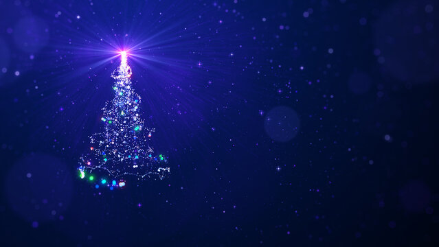 Christmas tree and lights with copy space on blue background, copy space for text.