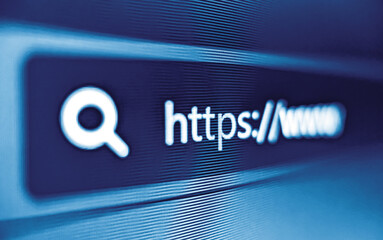 Pixelated closeup view of internet browser address bar with https and search icons in blue