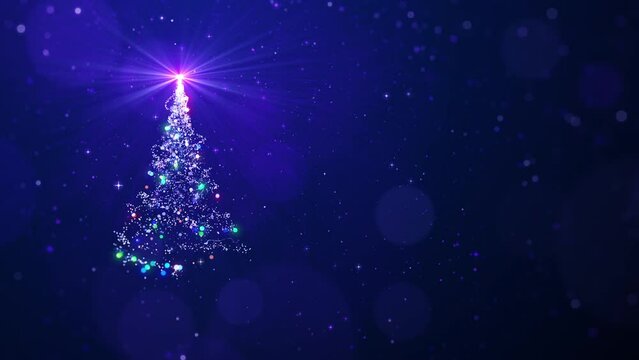 glowing blue christmas tree and shiny lights with copy space for christmas greeting video background seamless loop.