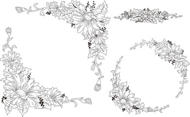 Black and white hand drawn set of flower element ornament patern. illustration vector of flower.