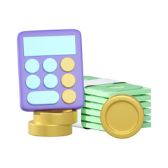 financial concept ,3d Rendering of Money banknote and coin with calculator isolated on white.