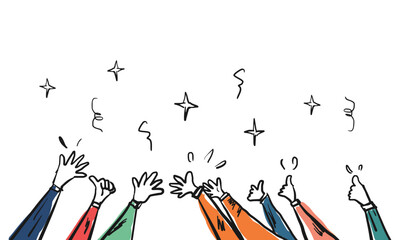 Hand drawn of hands up, clapping ovation. hands gesture on doodle style. vector illustration