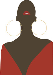 Young African American woman with black curly hair with no hair, red lips, and a red dress. Sexy woman with dark skin, African woman illustration