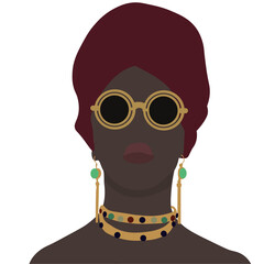 afro woman aesthetic orange turban gold jewelry birth stones