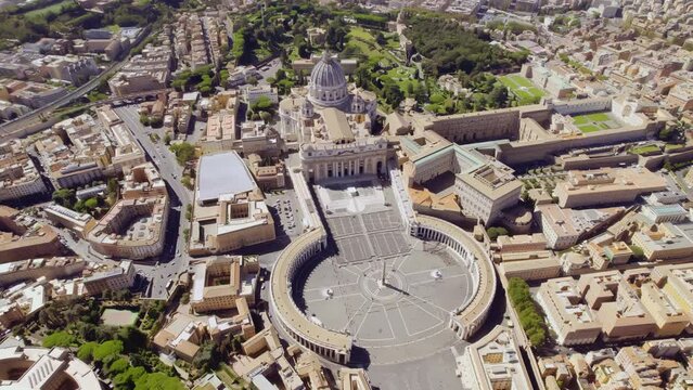 Aerial view of Vatican, San Pietro Basilica Square, The Dome landmark. Cinematic 4K