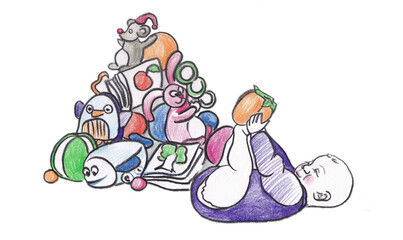 A small child plays with a persimmon against the background of a mountain of toys, illustration in color pencil