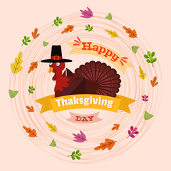 Thanksgiving day background  in flat design with turkey and autumn elements.