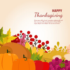 Thanksgiving day background or template in flat design with autumn elements.