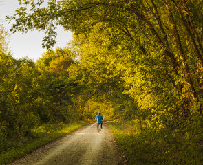 Obraz premium Man in blue jersey bicycling along Midwestern trail with trees on both sides in autumn
