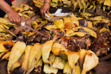 Pachamanca oven at a fair in Peru. Concept of traditions.