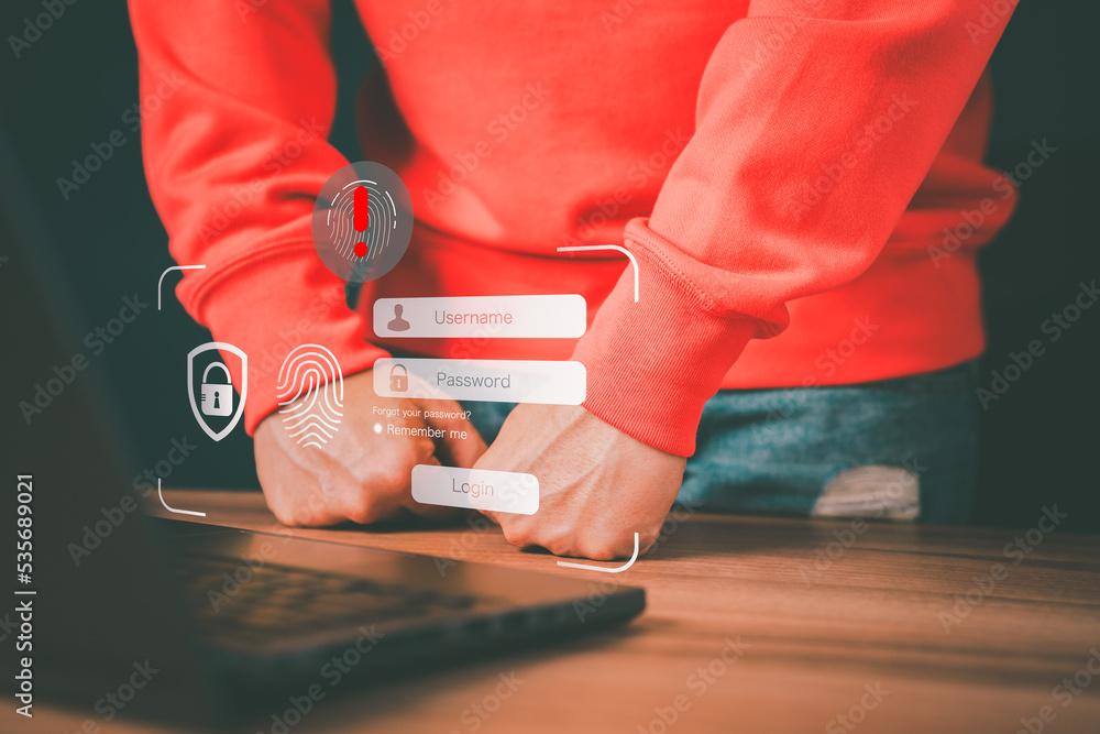 Leinwandbilder Man typing login and password, cyber security concept, Secure encryption and access to the user's private information to access the Internet. Exclamation mark.