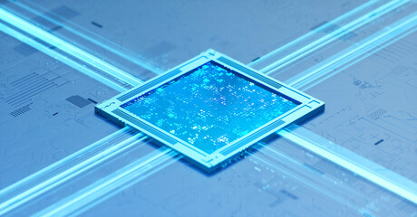 Fototapeta premium 3D rendering of cyberpunk AI. Circuit board. Technology background. Central Computer Processors CPU and GPU concept. Motherboard digital chip. Tech science background.