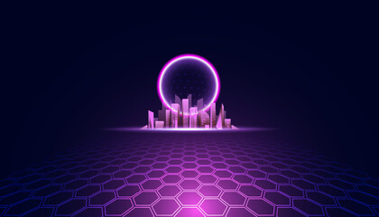 Abstract Metaverse Virtual reality Concept Buildings, digital maps and digital worlds of Future technology metaverse connected to the virtual space on a modern background.