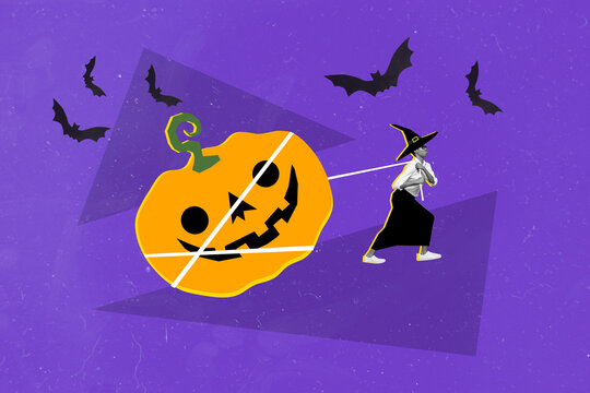 3d retro abstract creative artwork template collage of little witch woman pulling string big halloween pumpkin lumberjack carved smile face