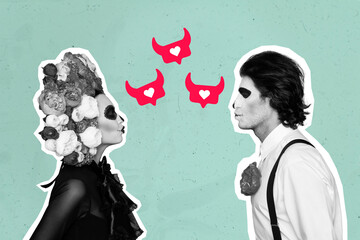 Creative poster collage of dead lovers couple kiss muertos mexican costumes halloween calavera catrina mariachi skeletons heart bubbles