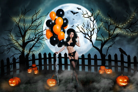 Creative drawing collage picture of winsome sexy hot woman witch lingerie hat ballons halloween decorations shopping promo sale advert