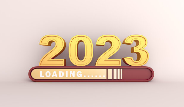 Happy new year 2023 background concept with loading progress bar, 3D rendering illustration