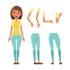 Full length portrait of smiling girl, legs and arms set. Happy girl character creation, constructor for animation cartoon vector illustration