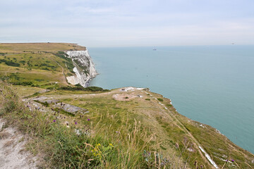 View of The White Cliffs of Dover, cliffs with footpath and meadows, Dover in Kent, England