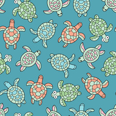 Hand-drawn sea turtles in water seamless pattern vector illustration. Funny cartoon animal surface design for kids. Green and pink, Orange and blue turtles chaotic pattern on blue