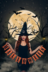 Vertical creative collage of smiling witch girl wear cone hat arms hold halloween letter flags isolated on dark forest miinlight background