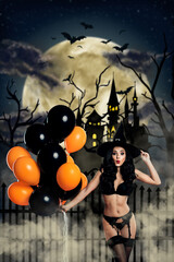 Creative poster collage of hot sexy young witch hat underwear balloons halloween promo sale advert...