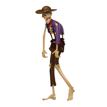 3D Illustration. Skull Cowboy 3D cartoon character is feeling tired. with a slightly bent body pose. showing a sad face. 3D Cartoon Character