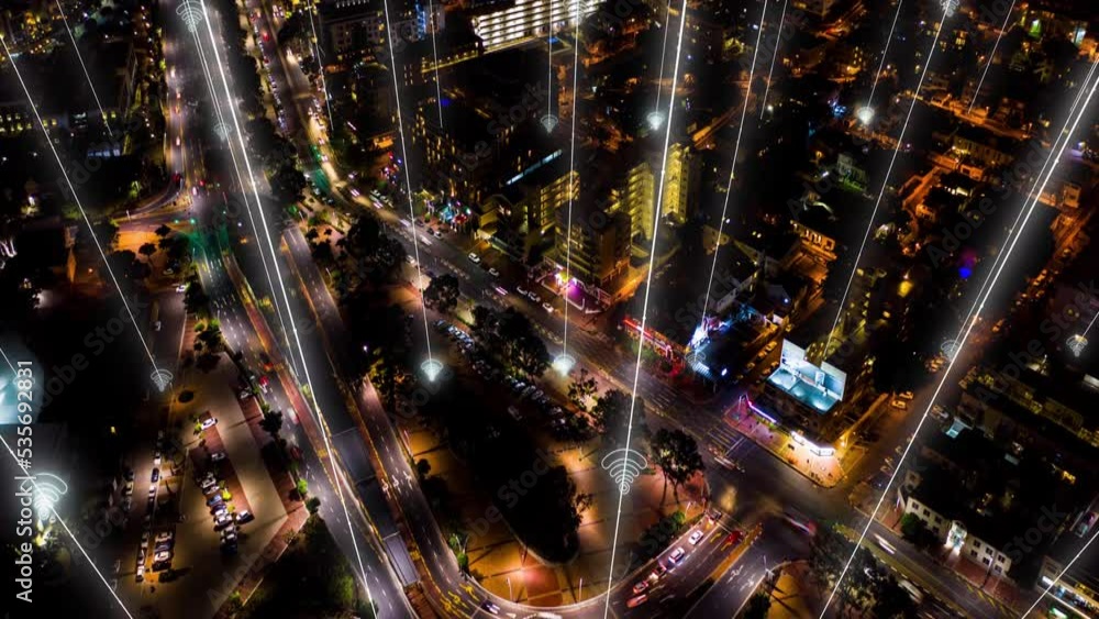Poster Night traffic, aerial cityscape and wifi radar connection, cloud computing and big data overlay on speed highway. Future technology abstract, social networking internet and smart city 5g web telecom