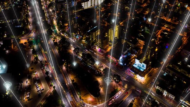 Night traffic, aerial cityscape and wifi radar connection, cloud computing and big data overlay on speed highway. Future technology abstract, social networking internet and smart city 5g web telecom