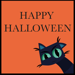 Happy halloween card with black cat on orange background in flat style