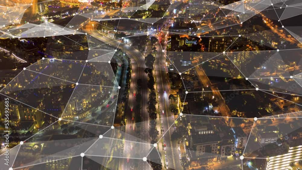 Poster Digital transformation, network and cloud computing with city for innovation and growth with aerial view at night. Technology, iot and futuristic communication in Tokyo for internet, big data or ai