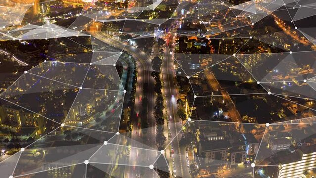 Digital transformation, network and cloud computing with city for innovation and growth with aerial view at night. Technology, iot and futuristic communication in Tokyo for internet, big data or ai