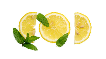 lemon slices and sprigs of mint on a white background, isolate