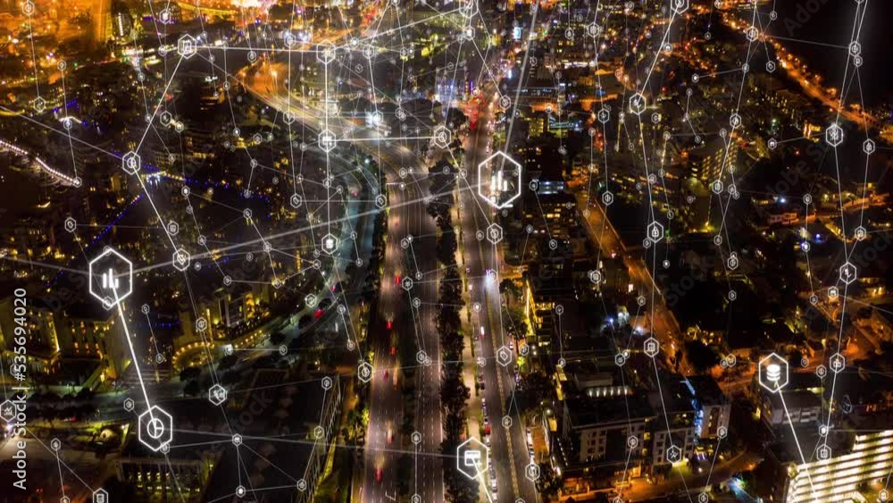 Poster Digital city, night and networking data in IoT drone of buildings, 3d animation and node overlay in a town. Aerial view of network traffic nodes in future technology, communication and internet
