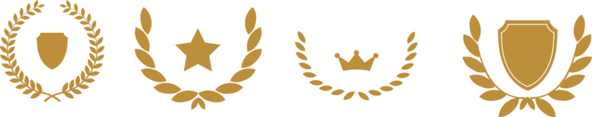 Foliate laurels branches set. Vector illustration. Golden circular laurel wreath collection.	