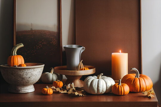 Autumn, Thanksgiving, harvest concept Nordic kitchen interior with picture frame mockup, tray with vase of dry wheat, candle, pumpkins on white table. Fall Theme still life.
