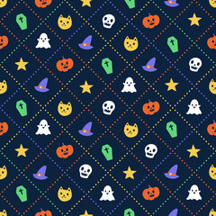 Cute Halloween Dash Line Diagonal Stripe Striped Line Tilt Checkered Plaid Tartan Buffalo Scott Gingham Background ghost, skull, pumpkin, coffin, witch hat