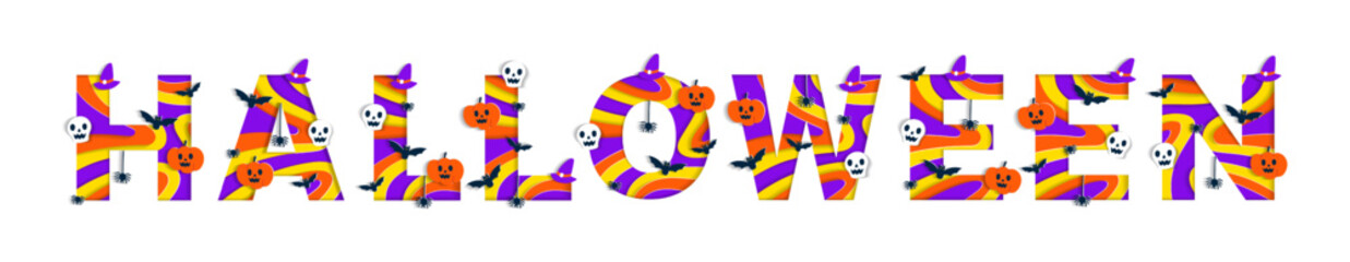 Happy Halloween Alphabet Party Font Typography Character Cartoon Spooky Horror with colorful 3D Layer Paper Cutout Type design celebration vector Illustration Skull Pumpkin Bat Witch Hat Spider Web