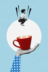 Artwork magazine picture of happy smiling guy jumping inside big huge arm holding coffee cup...