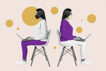 Creative photo 3d collage poster postcard artwork of two person people keep distance work office wear masks isolated on painting background