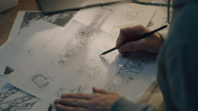 Animator creates sketches for the cartoon. Works on the storyboard. Comics Compilation. Storyboard movie layout for pre-production. Creative art work. Home based set up.