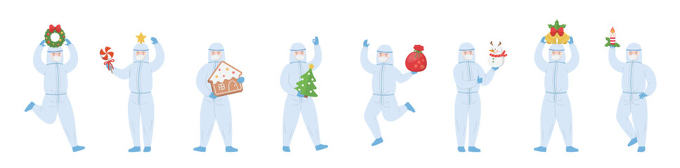 Paramedic or doctor or scientist or medical specialist team with protective clothing with christmas elements, celebrating christmas or new year, vector cartoon style