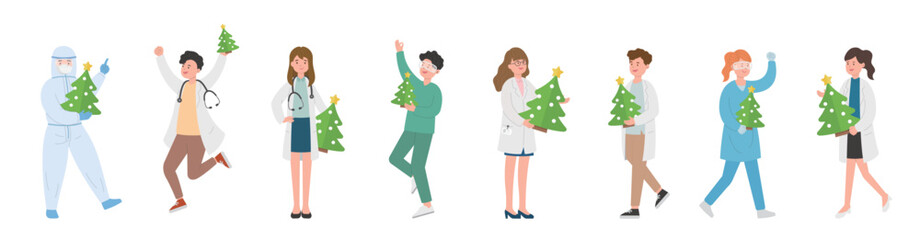 Male and female team of paramedics or doctors or scientists or medical specialists with christmas tree, celebrating christmas, vector cartoon style