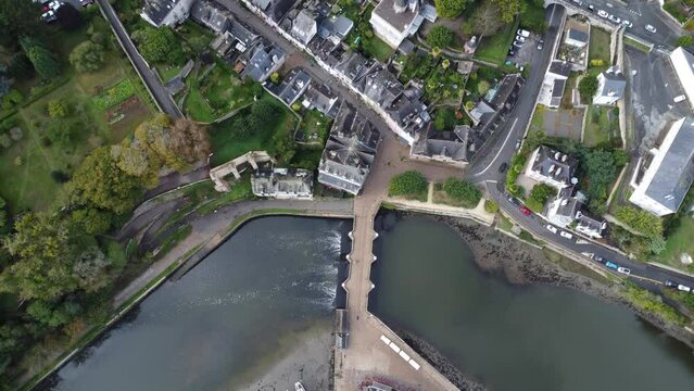 droneshot from the bridge on the river at auray in france