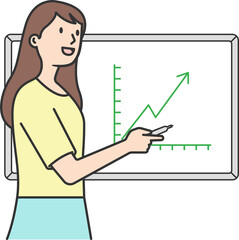 Female employee presenting at a meeting on the graph board, 2D character activity, vector design and isolated background.